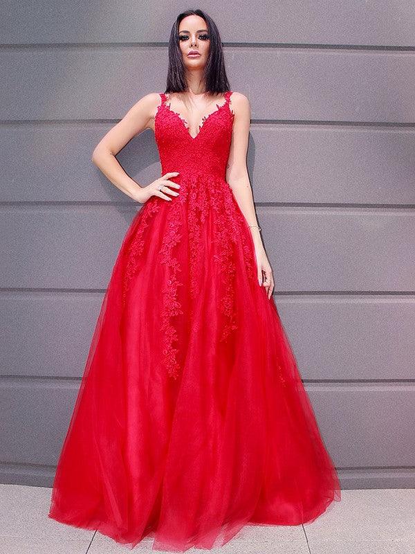 A-Line/Elegant Tulle V-neck Floor-Length Applique Sleeveless Prom Dresses by misshow.com