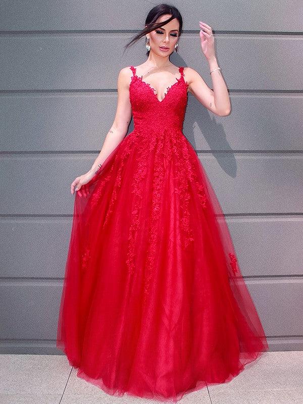 A-Line/Elegant Tulle V-neck Floor-Length Applique Sleeveless Prom Dresses by misshow.com