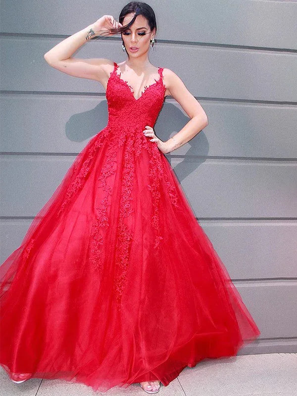 A-Line/Elegant Tulle V-neck Floor-Length Applique Sleeveless Prom Dresses by misshow.com