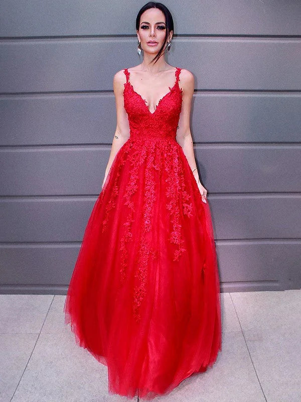 A-Line/Elegant Tulle V-neck Floor-Length Applique Sleeveless Prom Dresses by misshow.com