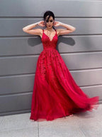 A-Line/Elegant Tulle V-neck Floor-Length Applique Sleeveless Prom Dresses by misshow.com