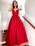 A-Line/Elegant Tulle V-neck Floor-Length Applique Sleeveless Prom Dresses by misshow.com