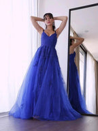 A-Line/Elegant Tulle V-neck Sleeveless Applique Prom Dresses by misshow.com