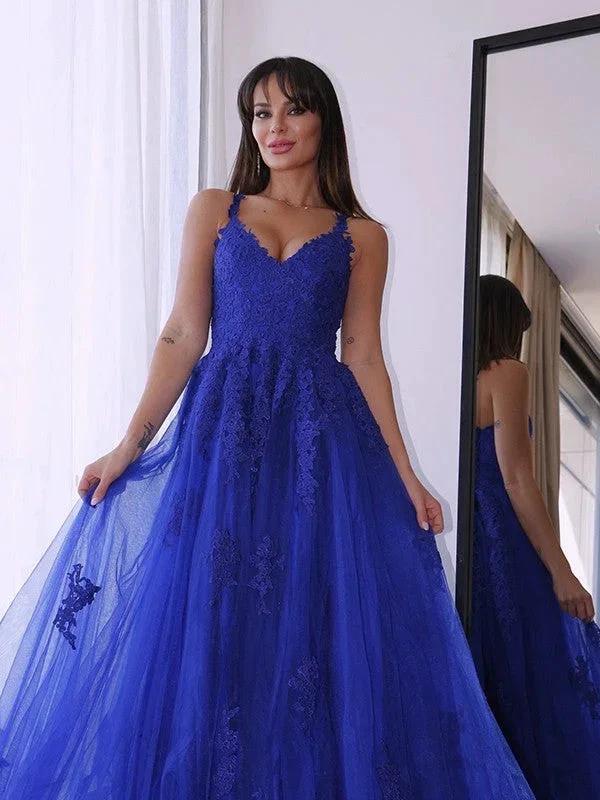 A-Line/Elegant Tulle V-neck Sleeveless Applique Prom Dresses by misshow.com