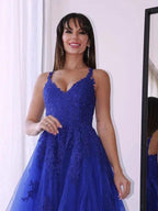 A-Line/Elegant Tulle V-neck Sleeveless Applique Prom Dresses by misshow.com