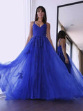 A-Line/Elegant Tulle V-neck Sleeveless Applique Prom Dresses by misshow.com