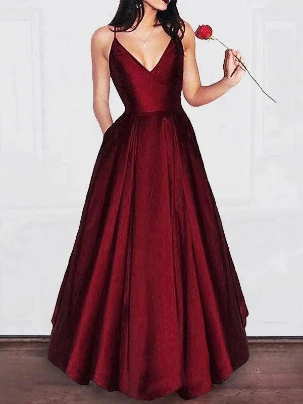 A-Line/Elegant V-neck Floor-Length Ruffles Satin Prom Dresses by misshow.com