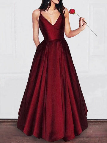 A-Linie/Elegant V-Ausschnitt Bodenlang Rüschen Satin Ballkleider