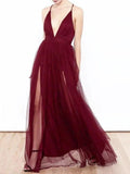 A-Line/Elegant V-neck Floor-Length Ruffles Tulle Prom Dresses by misshow.com
