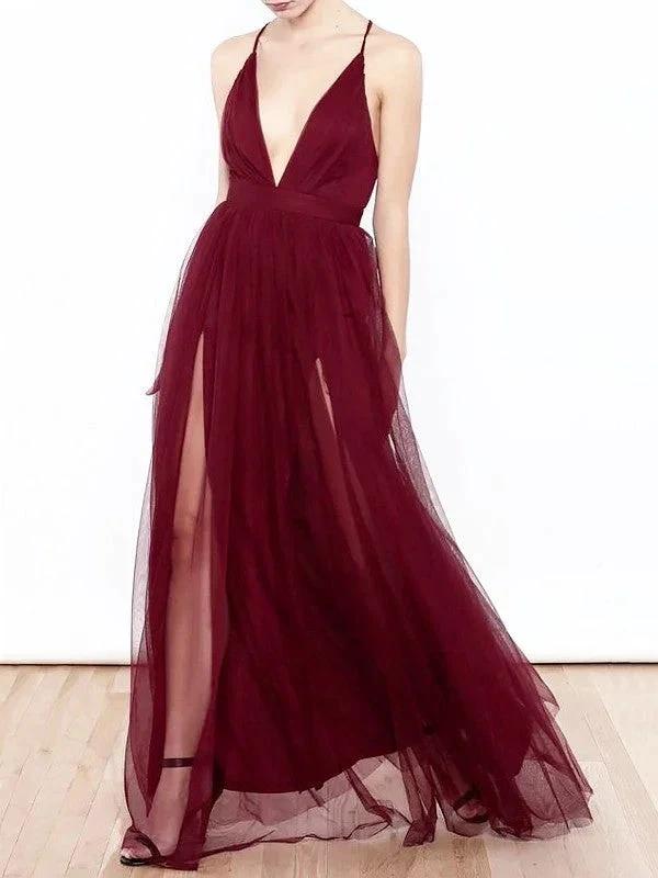 A-Line/Elegant V-neck Floor-Length Ruffles Tulle Prom Dresses by misshow.com