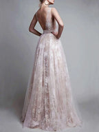 A-Line/Elegant V-neck Floor-Length Tulle Sleeveless Applique Prom Dresses by misshow.com