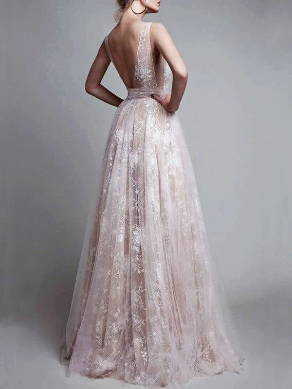 A-Line/Elegant V-neck Floor-Length Tulle Sleeveless Applique Prom Dresses by misshow.com