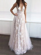 A-Line/Elegant V-neck Floor-Length Tulle Sleeveless Applique Prom Dresses by misshow.com