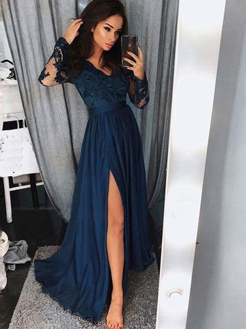 A-Linie/Elegant V-Ausschnitt Lange Ärmel Applikationen Rüschen Satin Chiffon Ballkleider