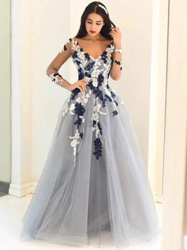 A-Line/Elegant V-Neck Long Sleeves Applique Tulle Floor-Length Prom Dresses by misshow.com