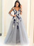 A-Line/Elegant V-Neck Long Sleeves Applique Tulle Floor-Length Prom Dresses by misshow.com