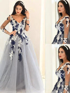 A-Line/Elegant V-Neck Long Sleeves Applique Tulle Floor-Length Prom Dresses by misshow.com