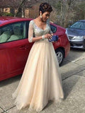 A-Line/Elegant V-Neck Long Sleeves Beading Floor-Length Tulle Prom Dresses by misshow.com