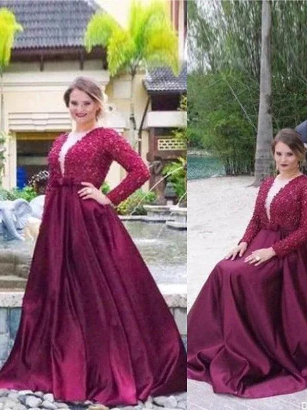 A-Line/Elegant V-neck Long Sleeves Beading Satin Plus Size Prom Dresses by misshow.com