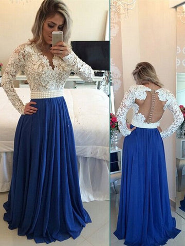 A-Linie/Elegant V-Ausschnitt Lange Ärmel Chiffon Bodenlang Perlen Abiballkleider