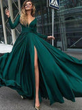 A-Line/Elegant V-Neck Long Sleeves Floor-Length Ruffles Satin Chiffon Prom Dresses by misshow.com