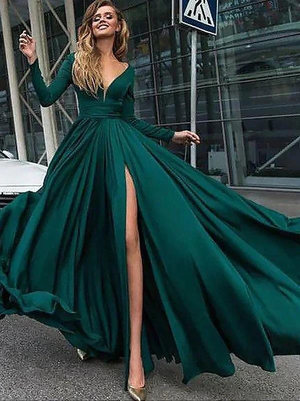A-Line/Elegant V-Neck Long Sleeves Floor-Length Ruffles Satin Chiffon Prom Dresses by misshow.com