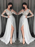A-Line/Elegant V-neck Long Sleeves Lace Chiffon Prom Dresses by misshow.com