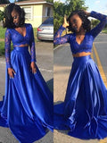 A-Line/Elegant V-neck Long Sleeves Lace Satin Two Piece Prom Dresses by misshow.com