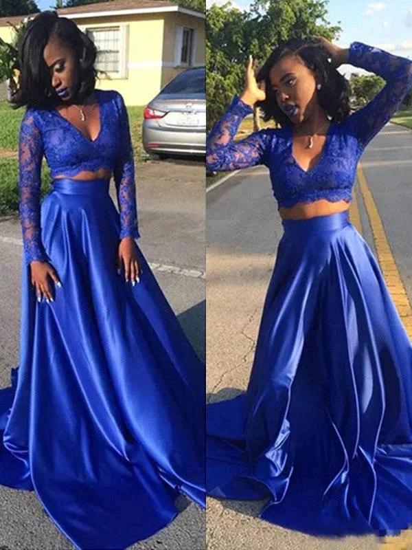 A-Line/Elegant V-neck Long Sleeves Lace Satin Two Piece Prom Dresses by misshow.com