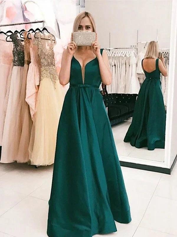 A-Line/Elegant V-neck Ruffles Satin Prom Dresses by misshow.com