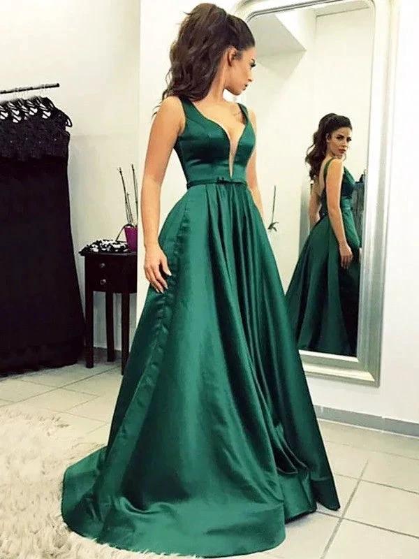 A-Line/Elegant V-neck Ruffles Satin Prom Dresses by misshow.com
