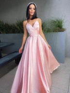 A-Line/Elegant V-neck Satin Ruched Sleeveless Floor-Length Prom Dresses by misshow.com