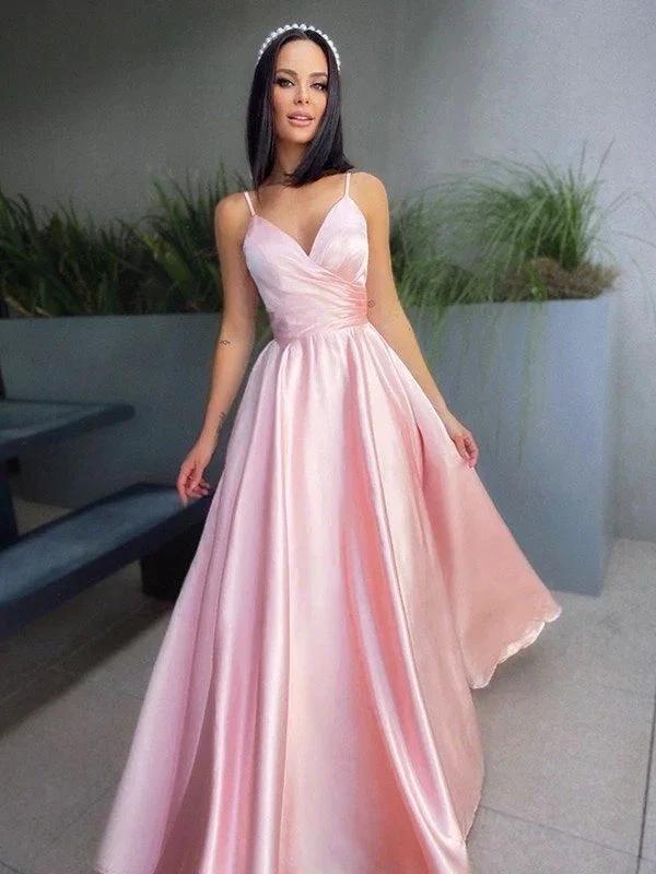 A-Line/Elegant V-neck Satin Ruched Sleeveless Floor-Length Prom Dresses by misshow.com