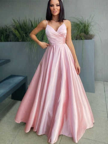 A-Linie/Elegant V-Ausschnitt Satin Geraffte Ärmellose Bodenlange Ballkleider