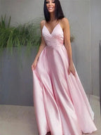 A-Line/Elegant V-neck Satin Ruched Sleeveless Floor-Length Prom Dresses by misshow.com