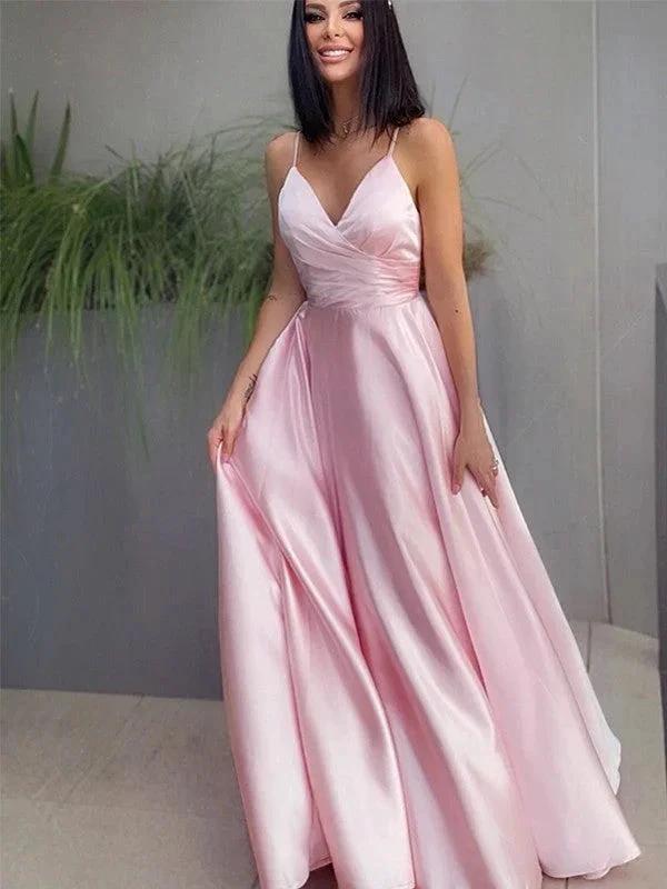 A-Line/Elegant V-neck Satin Ruched Sleeveless Floor-Length Prom Dresses by misshow.com