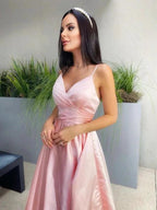 A-Line/Elegant V-neck Satin Ruched Sleeveless Floor-Length Prom Dresses by misshow.com