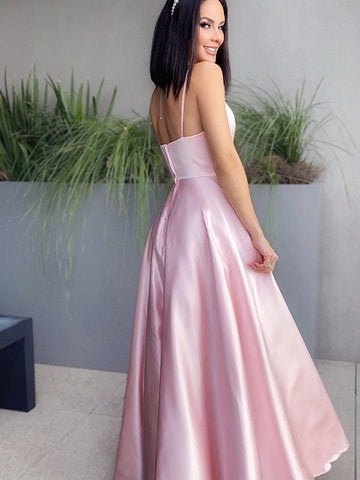 A-Linie/Elegant V-Ausschnitt Satin Geraffte Ärmellose Bodenlange Ballkleider