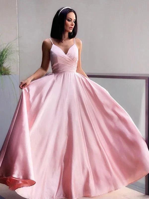 A-Line/Elegant V-neck Satin Ruched Sleeveless Floor-Length Prom Dresses by misshow.com
