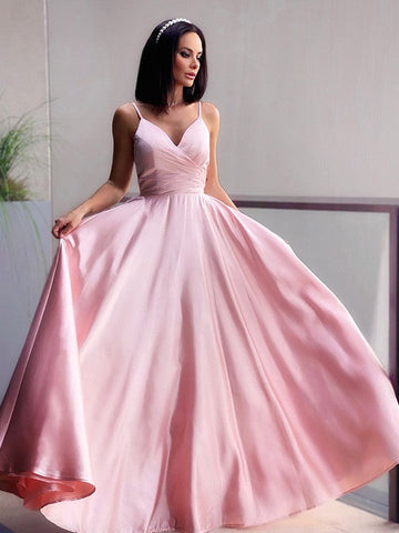A-Linie/Elegant V-Ausschnitt Satin Geraffte Ärmellose Bodenlange Ballkleider