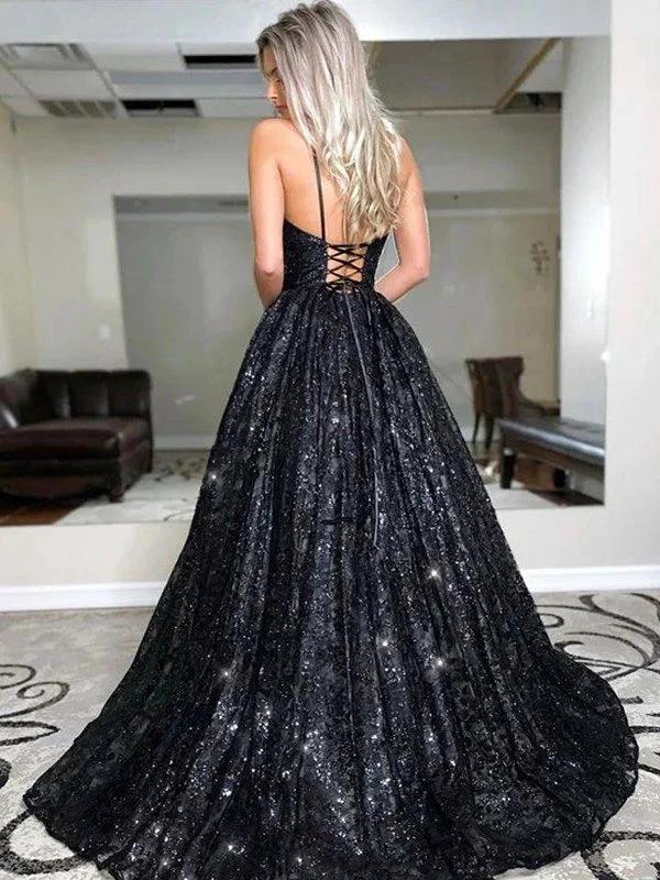 A-Line/Elegant V-neck Sequin Sleeveless Sequins Prom Dresses by misshow.com