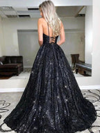 A-Line/Elegant V-neck Sequin Sleeveless Sequins Prom Dresses by misshow.com