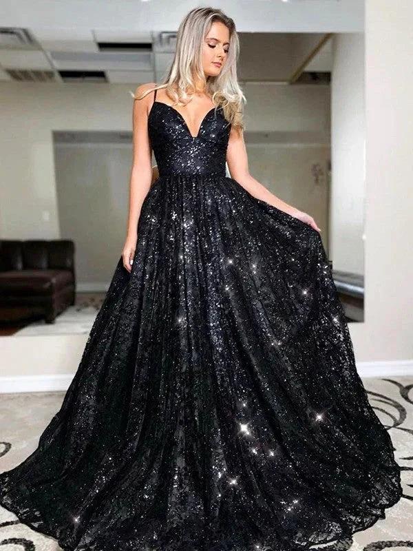 A-Line/Elegant V-neck Sequin Sleeveless Sequins Prom Dresses by misshow.com