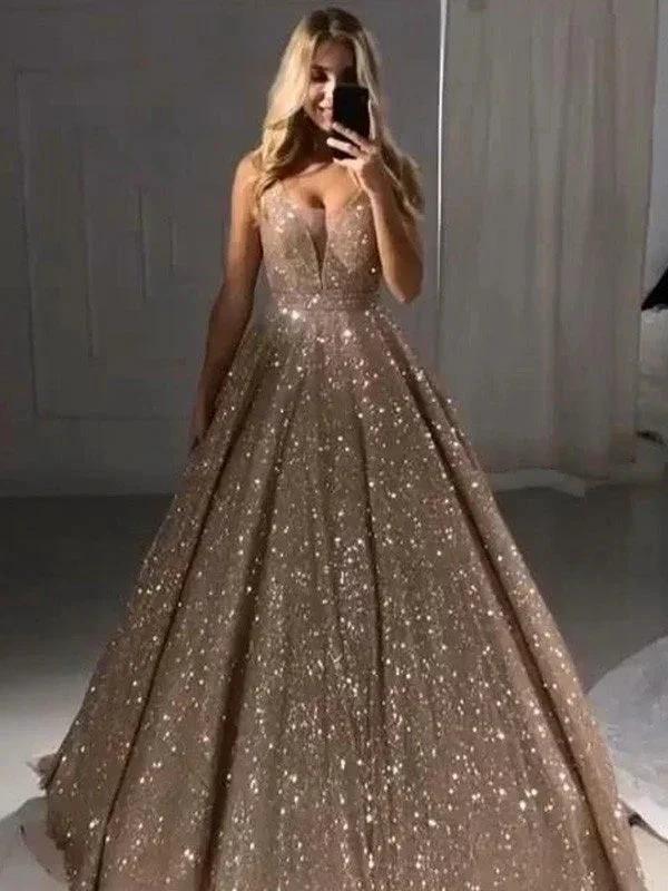 A-Line/Elegant V-neck Sequins Ruffles Floor-Length Sleeveless Prom Dresses by misshow.com