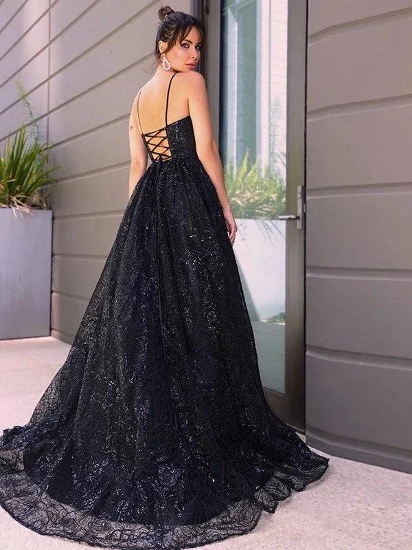 A-Line/Elegant V-neck Sequins Sleeveless Sequin Prom Dresses by misshow.com