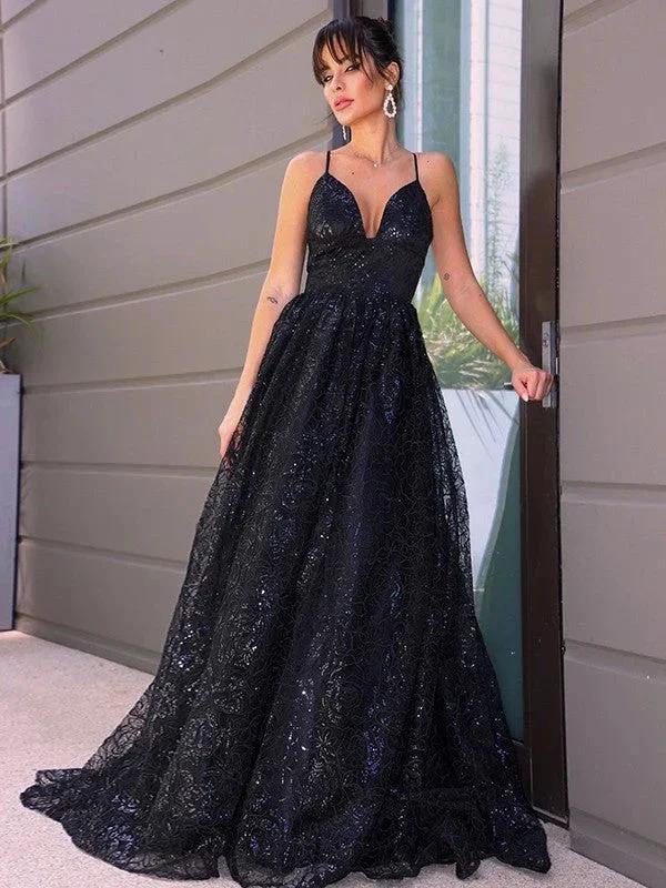 A-Line/Elegant V-neck Sequins Sleeveless Sequin Prom Dresses by misshow.com