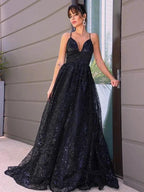 A-Line/Elegant V-neck Sequins Sleeveless Sequin Prom Dresses by misshow.com
