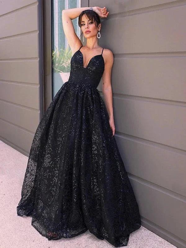 A-Line/Elegant V-neck Sequins Sleeveless Sequin Prom Dresses by misshow.com