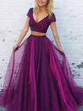 A-Line/Elegant V-Neck Short Sleeves Floor-Length Beading Tulle Two Piece Prom Dresses by misshow.com