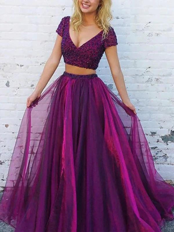 A-Line/Elegant V-Neck Short Sleeves Floor-Length Beading Tulle Two Piece Prom Dresses by misshow.com